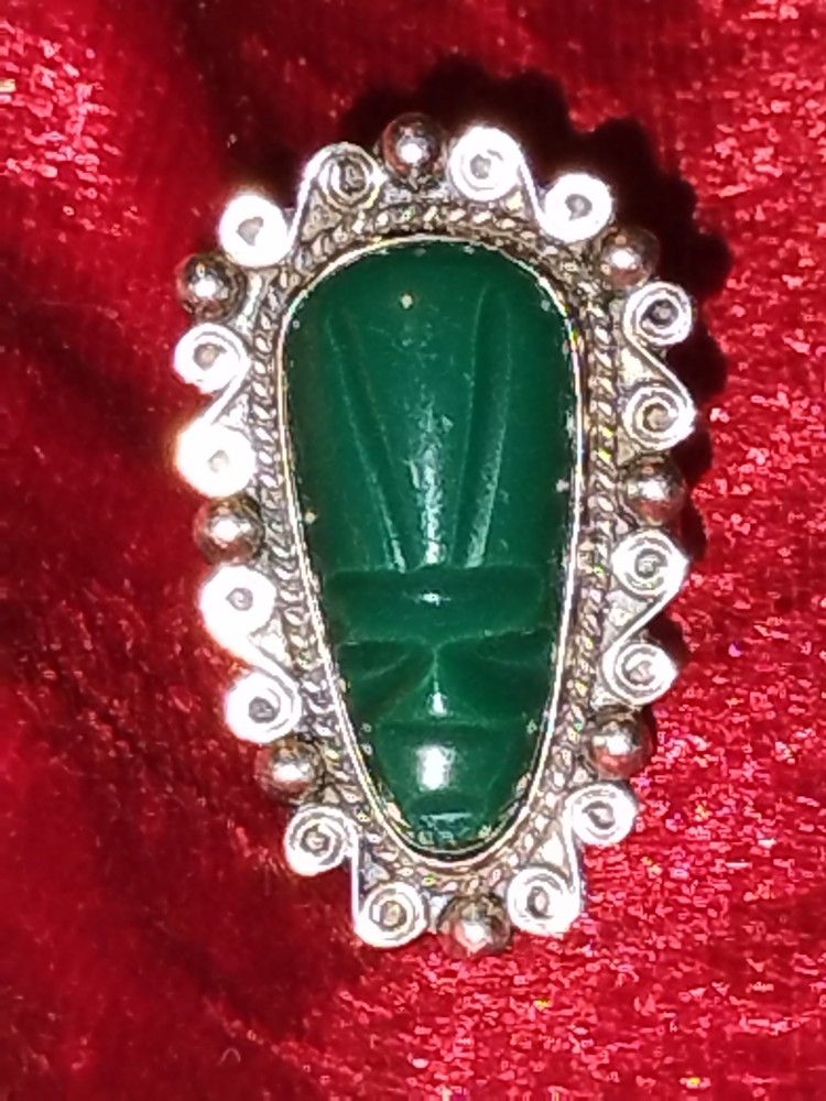 Green Onyx /Sterling Silver Tribal Mask Ring