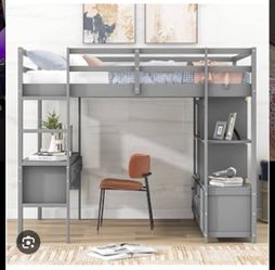Twin Size Loft Bed with Desk, Shelves & Drawers – Grey –