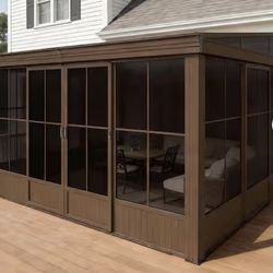 12 ft. x 14 ft. Brown Wall-Mounted Aluminum Frame Sunroom with Galvanized Steel Sloped Roof and Sliding Doors