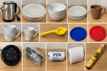 Kitchenware lot - plates, water filters, utensils