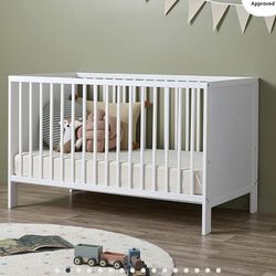 White wood, baby crib with mattress