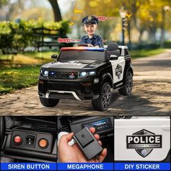 Electric Police Car for Kids, 12 Volt Kids Ride on Toys w/ Music, Megaphone, Remote, Bluetooth - Black
