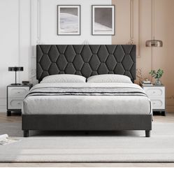Queen Size Platform Bed Frame with Upholstered Headboard, Linen Fabric Upholstered Bed Frame with Adjustable Headboard, Wood Slat Support and Strong M