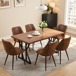 Homy Casa LEONARD+KALI 7PC Dining Set 63" Table with 6 Kali Brown Suede Chairs Walnut Metal Legs