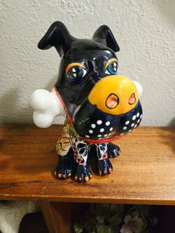 PENDING SALE Talavera Pottery Dog & Bone Hand-Painted Mexican Folk Art Ceramic Statue