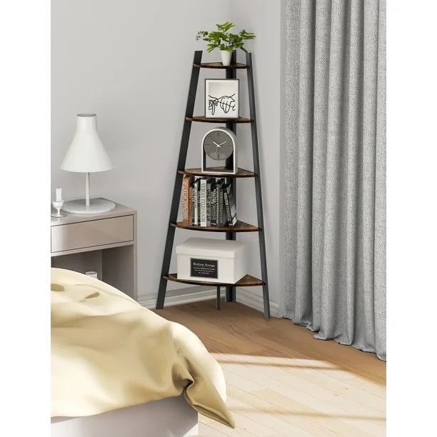 Corner Shelf, 5 Tier Corner Shelf Tall Rustic Multipurpose Bookshelf with 1.96'' Wide Frame, Industrial Ladder Shelf and Plant Stand with Support Foot