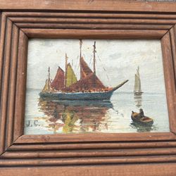Original Vintage Oil Painting by J. Caggiano Sailboats Water Scene 10x9 Framed