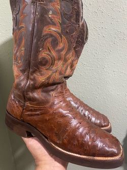 Justin Men's AQHA Lifestyle Q-Crepe Western Boot Brown Vintage Full Quill Ostrich Foot Square Toe SZ 10.5