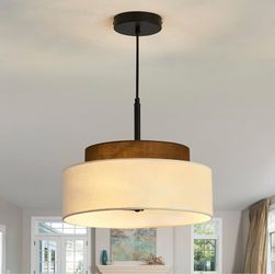 3-Light Farmhouse Pendant Light Fixture 2-Tier Drum Pendant Lighting with Fabric Shade 13inch Rustic Hanging Chandelier Reg. Retail $59.99