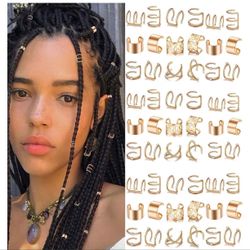 60 Pcs gold and silver Adjustable  Hair Jewelry Braids Rhinestone Crystal Dreadlock Braid Clips Non-Piercing Ear Cuffs Clip for Women Men Hair Accesso