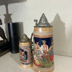 Vintage German Ceramic Beer Steins Set with Metal Lids
