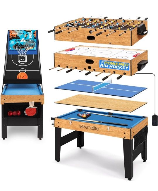 SereneLife 48" 6-in-1 Multi Game Table, Full-Size Indoor and Outdoor Arcade Sports Table with Pool, Air Hockey, Foosball, Basketball, Table Tennis, Di