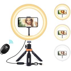10" LED Ring Light,Mini Light Ring with Tripod Stand，Dimmable Desk Makeup Ring Light, Perfect for Live Streaming, YouTube Videos, and Photography, 3 
