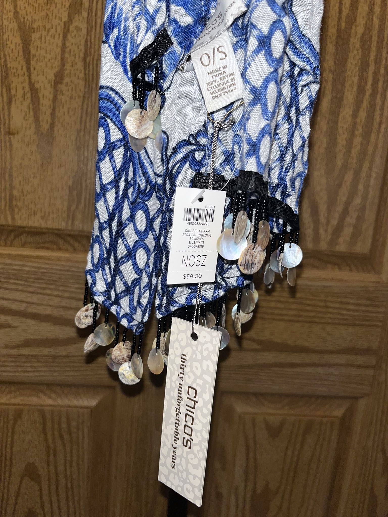 Chico’s Sanibal Charm Scarf Blue/white Shell Beaded Tassels One Size New With Tags