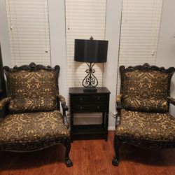 2 Antique Chairs With Back Pillow Rest, Antique Stand and Lamp