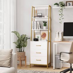 O458 $75  Ladder Shelf, Bookshelf with 3 Drawers & Metal Frame, 4 Tier Storage Rack, Wooden Bookcase for Living Room, Bedroom, Office (White)  Materia