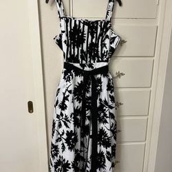 Charter Club 100% Cotton White Lined Black Print Dress - Size 12