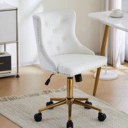 Armless Home Office Desk Chair with Gold Base/Wheels, Cute Vanity Chair for Bedroom, Adjustable Rolling Swivel Nail Chair,Velvet White