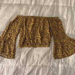 Bleuh Ciel Off the shoulder floral crop top shirt yellow bell sleeve size M boho