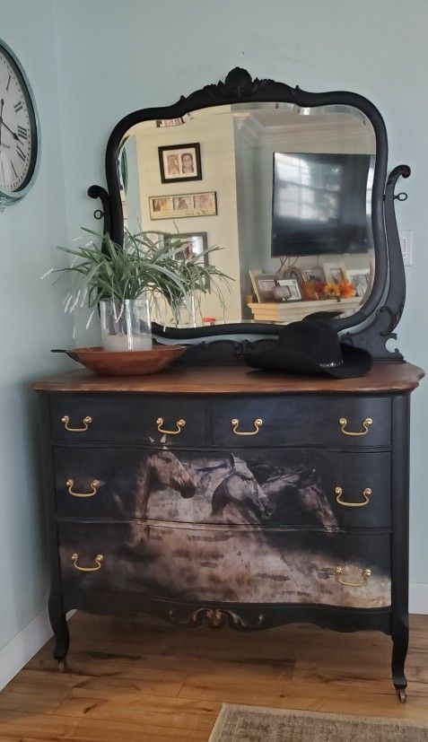 Antique Restored Rustic Dresser And Mirror Horse Design