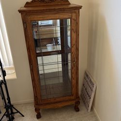 Oak Curio Cabinet Mirror 3 Glass Shelves 👀