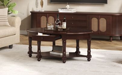 Vintage Oval Coffee Table with Drawer and Storage Shelf, Antique Cocktail Table in 45, French Country Accent Table for Living Room,Walnut