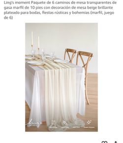 Ling's moment Paquete de 6 caminos de mesa transparentes de gasa marfil de 10 pies con decoración de mesa beige brillante plateado para bodas, fiestas
