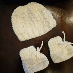 Soft White Baby Bonnet and Booties