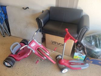 Toys, big wheels trike, scooter, books, sofa toddler, Radio Flyer