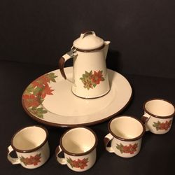 Vintage Poinsettia Metal Tea/Coffee Set w/ 4 Small Cups, Serving Plate & Tea Pot