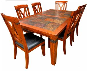 Rustic Oak solid wood slate top dining table with leaf extension