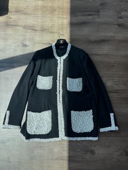 Black Pearl Embellished Chanel-Style Jacket Homage Four Pocket with White Pearls