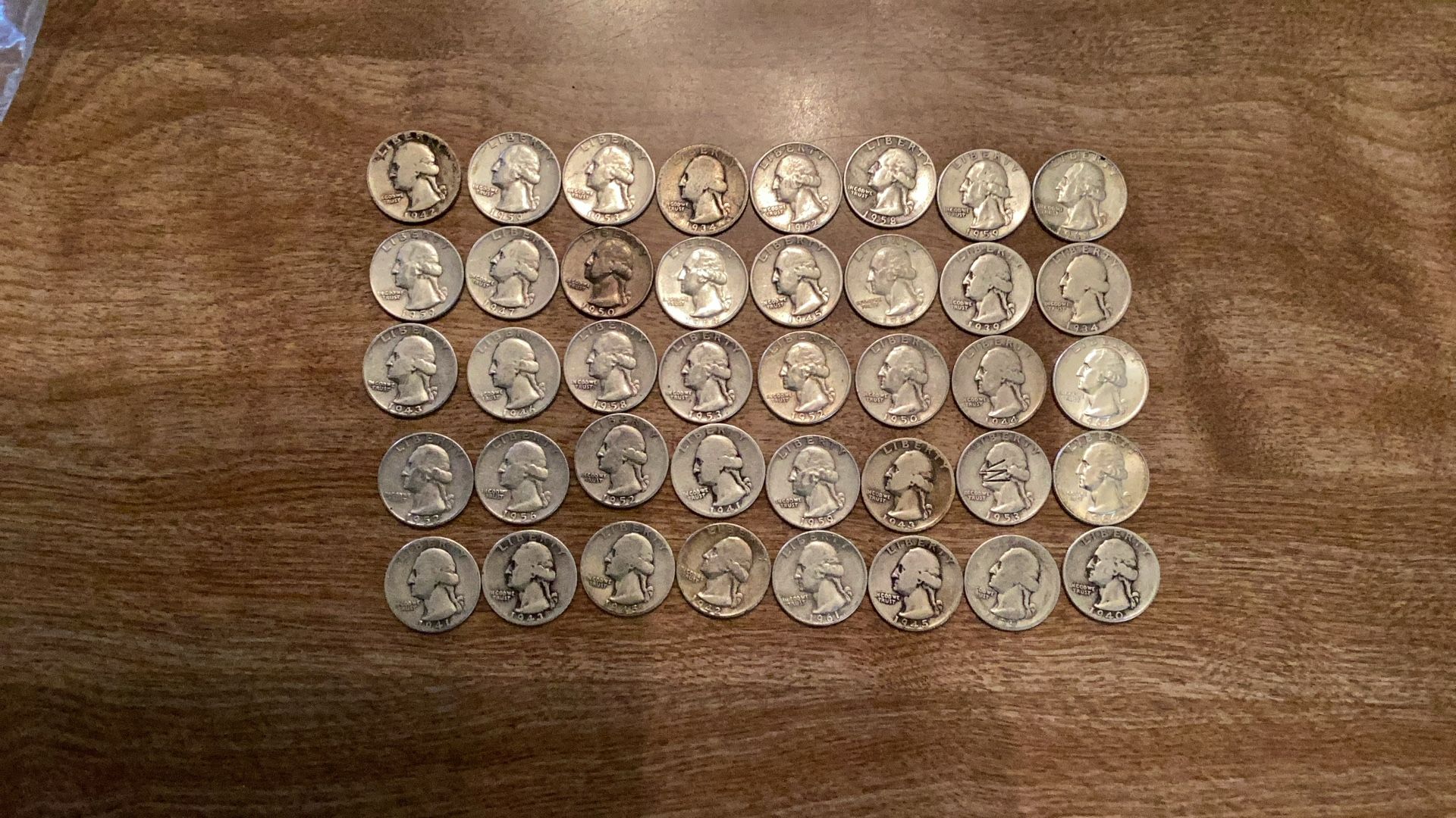 40 Washington Silver Quarters (1934 to 1964) 90% SILVER