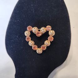 Sparkly Goldtone Heart Pin W/ Amber Colored Rhinestones