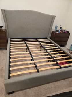 King platform bed, grey upholstered
