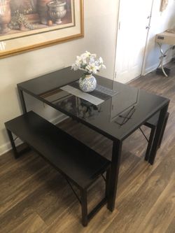 Black Glass dining table set with 2 benches