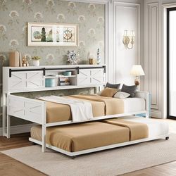 Sofa Bed Frame with Bookcase Headboard with 2 Sliding Doors - White