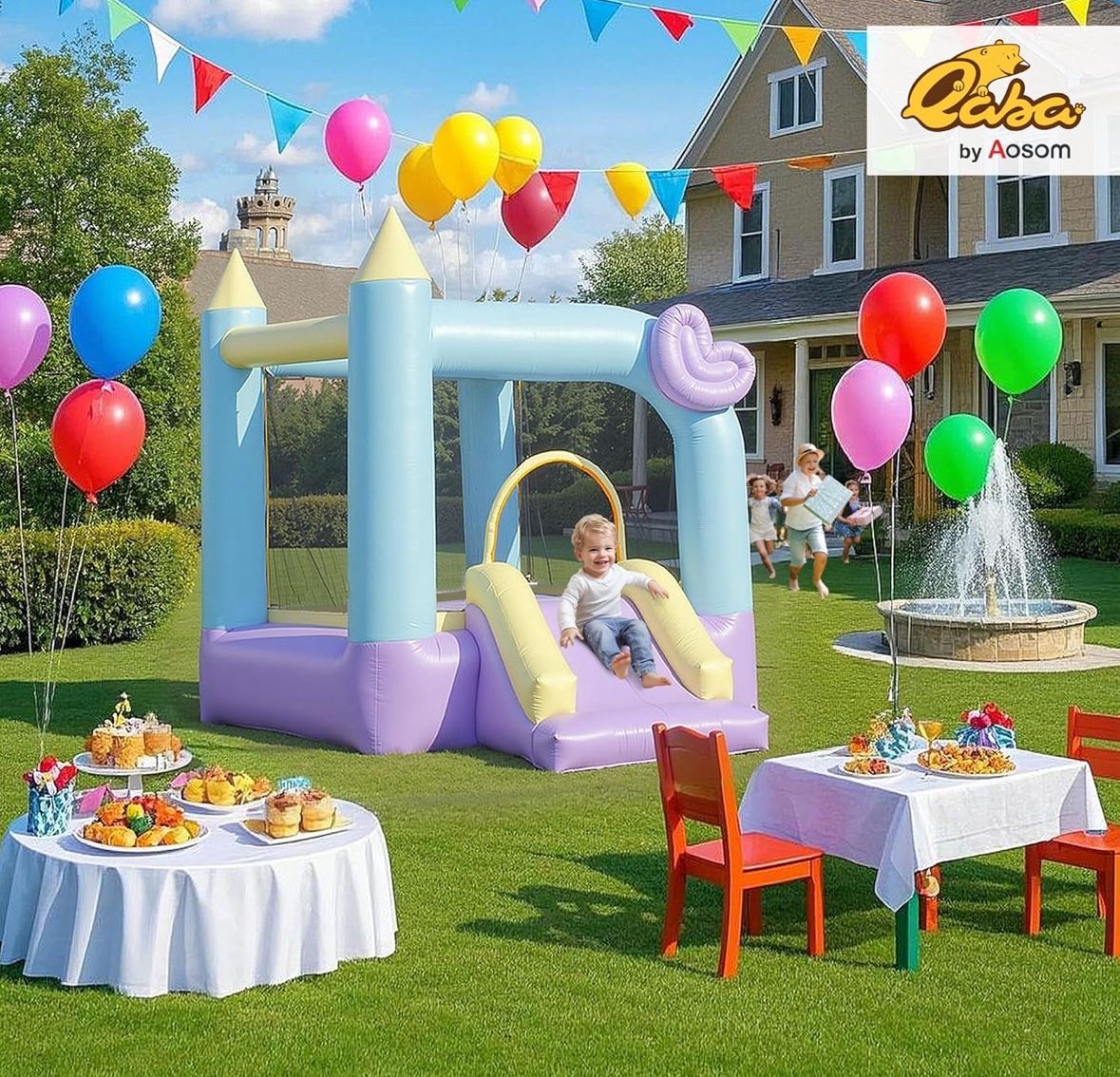 Qaba Bounce House, Inflatable Bouncer with Air Blower, Outdoor & Indoor Bouncy Castle with Slide, Stakes, Repair Patches, Storage Bag, for Kids Ages 3