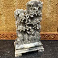 Large Chinese Soapstone Carving With Stand Depicting Flowers Candle holders