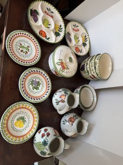 Vintage 1990s Hand Painted Fruit Ceramic Dinnerware Lot 15 Pieces