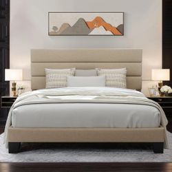 Queen Platform Bed Frame with Fabric Upholstered Headboard and Wooden Slat Support, No Springs Required