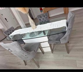 Glass Top Dining Table with 4 Velvet Chairs