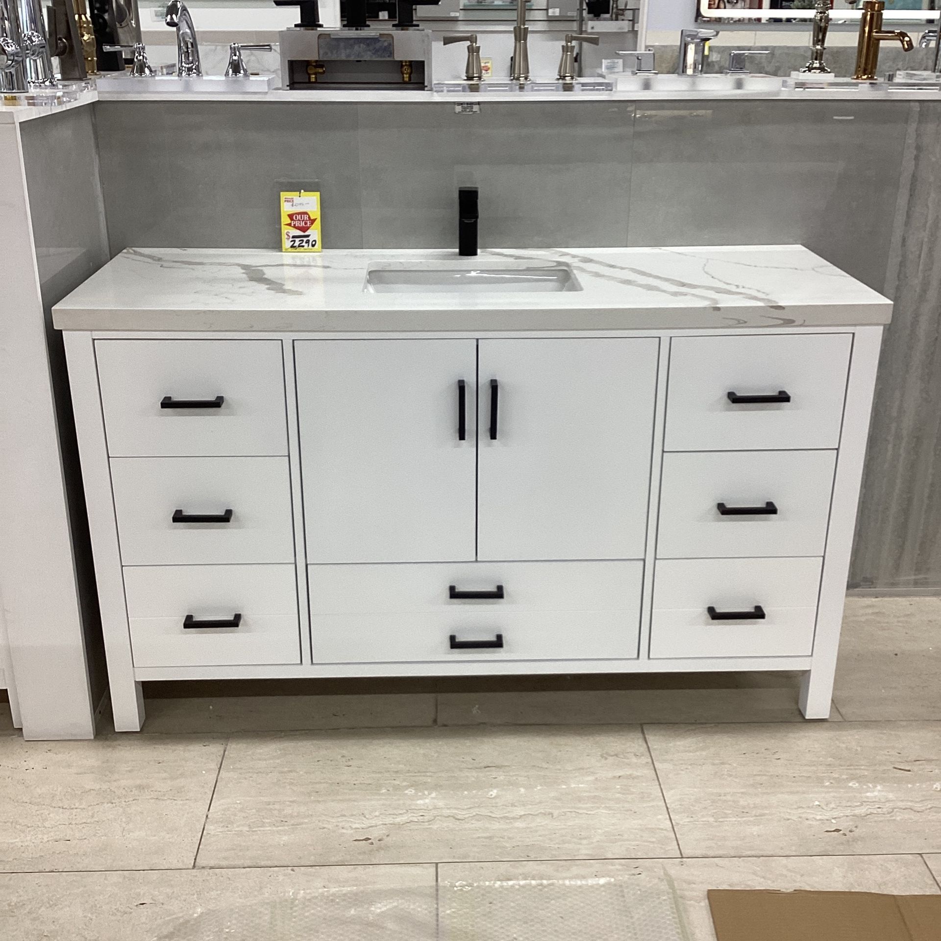 60” White Bathroom Vanity Quartz Countertop Ceramic Sink Solid