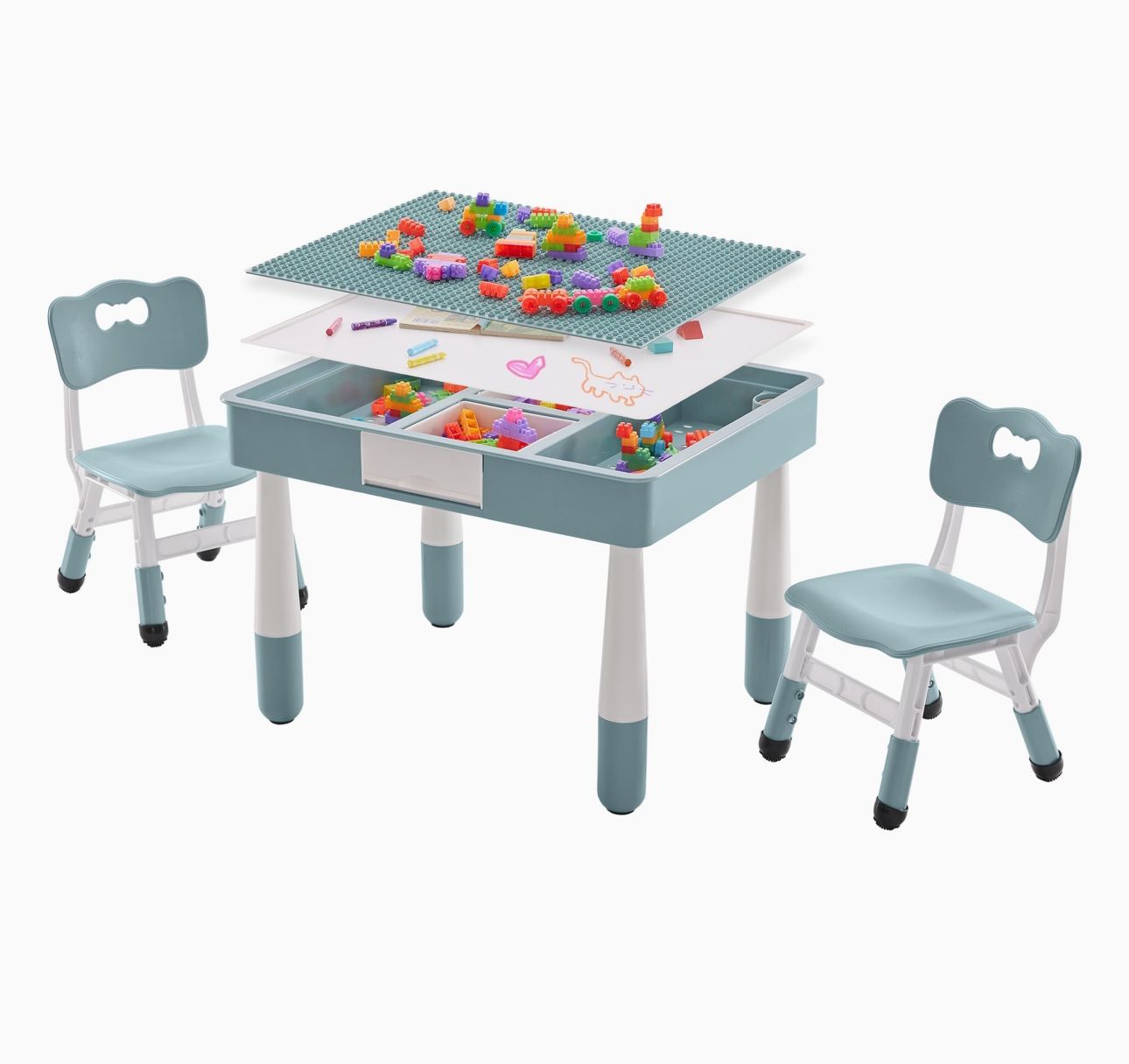 4 in 1 Kids Table and 2 Chairs Set with Storage, Toddler Table and Chair Set for Kids Ages 3-10, Graffiti & Building Blocks Double-Sided Tabletop (Gra