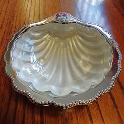 "Windsor silver-plated clamshell dish, EPNS"" (Electroplated Nickel Silver) and produced in England.-- 