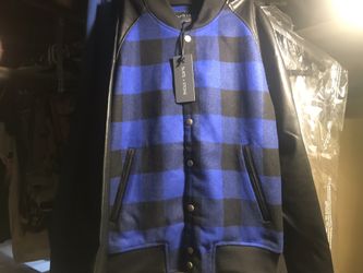 Men’s Slate & Stone blue black plaid leather jacket Medium