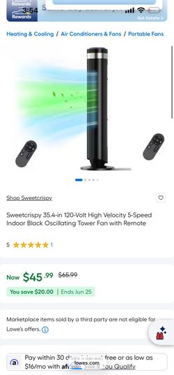 5-Speed Indoor Black Oscillating Tower Fan