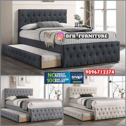 Full/Twin Gray Frenchi Tufted Trundle Beds W. Ortho Mattresses Included