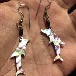 Amazing Sterling Hand Carved Dolphin Set Earrings With Black Coral Bead GLOWING DANCES IN LIGHT Ocean Lovers 