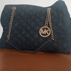 Michael Kors MK Dark Denim X Stitch Padded Gold Hardware Handbag 